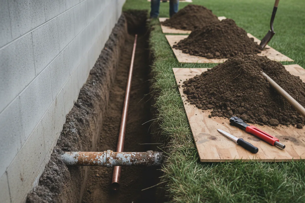 Excavated water line trench during Water Softener Installation in Hopedale